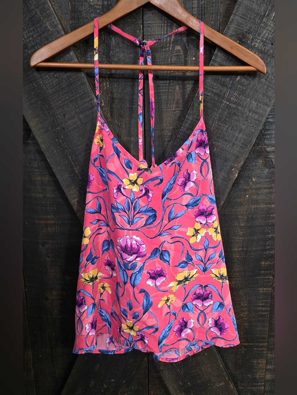 Hollister Pink Floral Strappy Cami with Blue & Yellow Accents Size Large